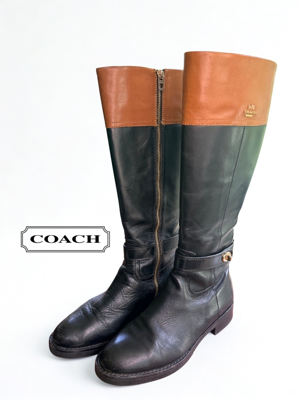 Coach Eva Mat Calf Two Tone Leather Riding Boots Black Saddle Brown 8.5 Box
